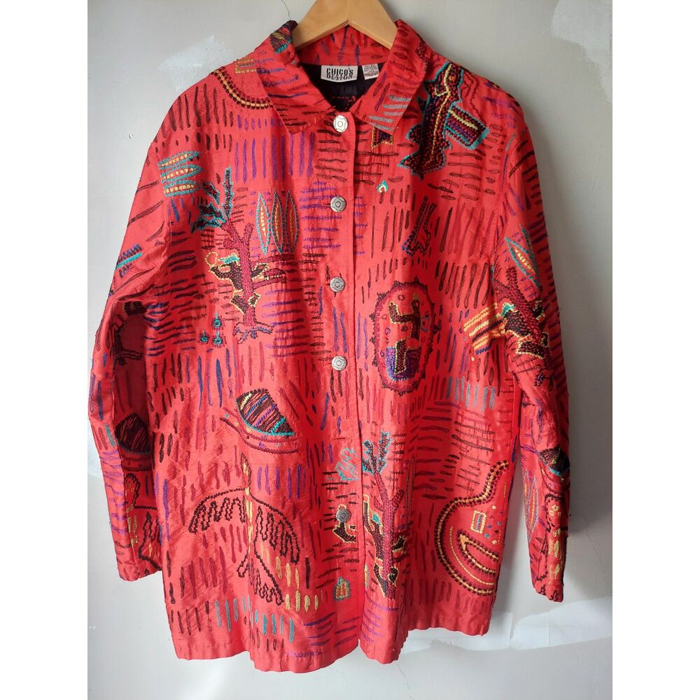 Chico's Design Women's 2 Embroidered Red 100% Silk Button Front Jacket P0873